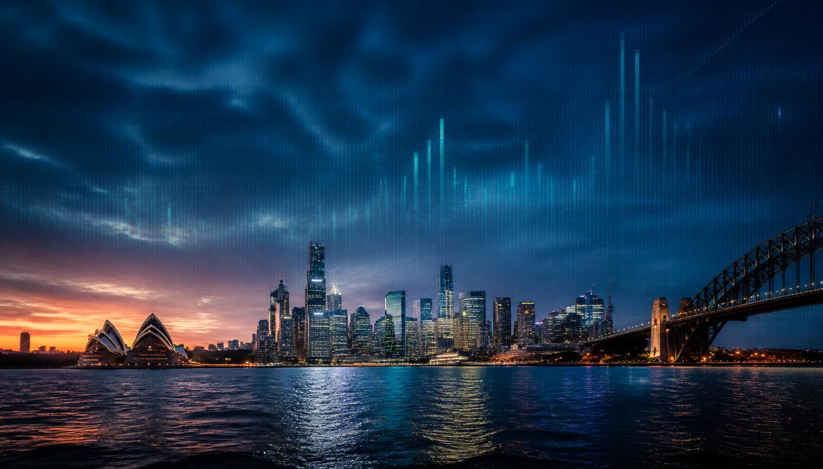 Sydney skyline at dusk with digital marketing growth graphs